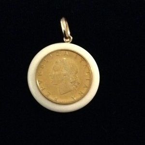 20 Lire Italian Coin in White Pendant with 14KT Yellow Gold Bail - NEW